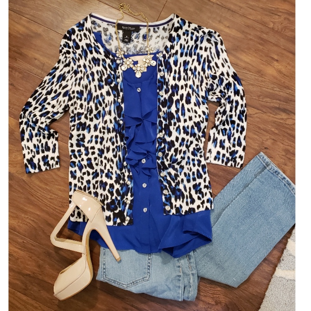 WHBM blue black leopard print cardigan sweater